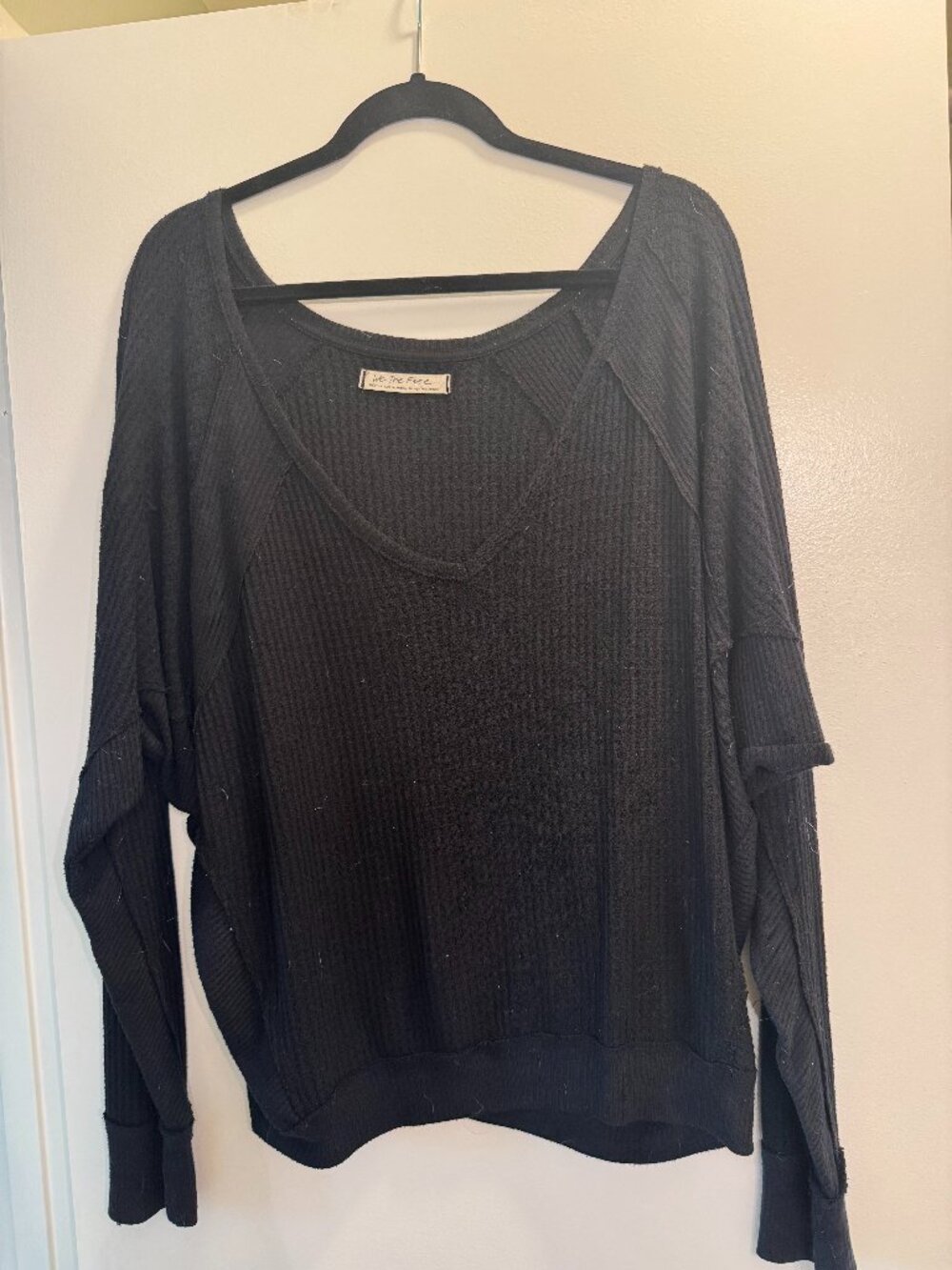 Free People We The Free Black Oversized Waffle Thermal Layered Top
